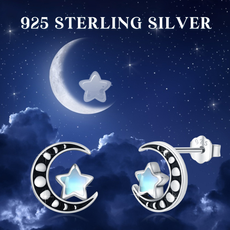 Sterling zilveren maansteen maan & ster oorknopjes voor dames-6