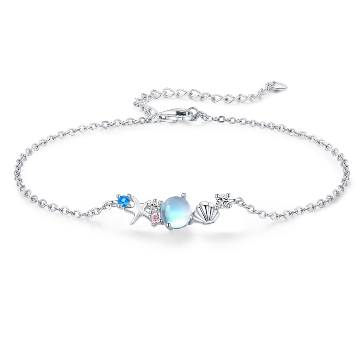 Sterling Silver Cubic Zirconia & Moonstone Starfish Pendant Bracelet-1