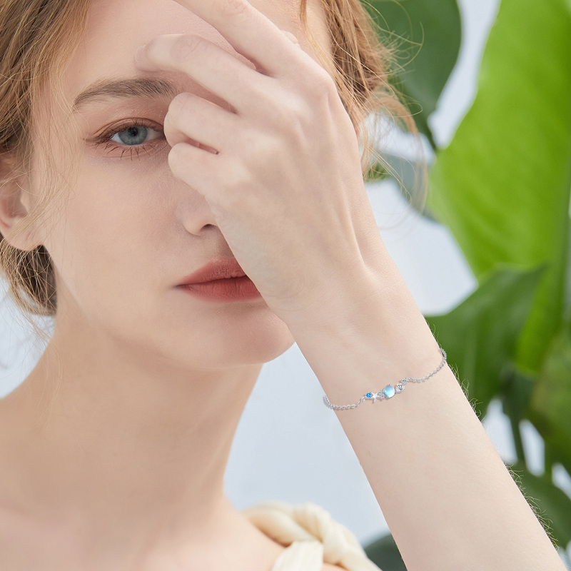 Sterling Silver Cubic Zirconia & Moonstone Starfish Charm Bracelet-3