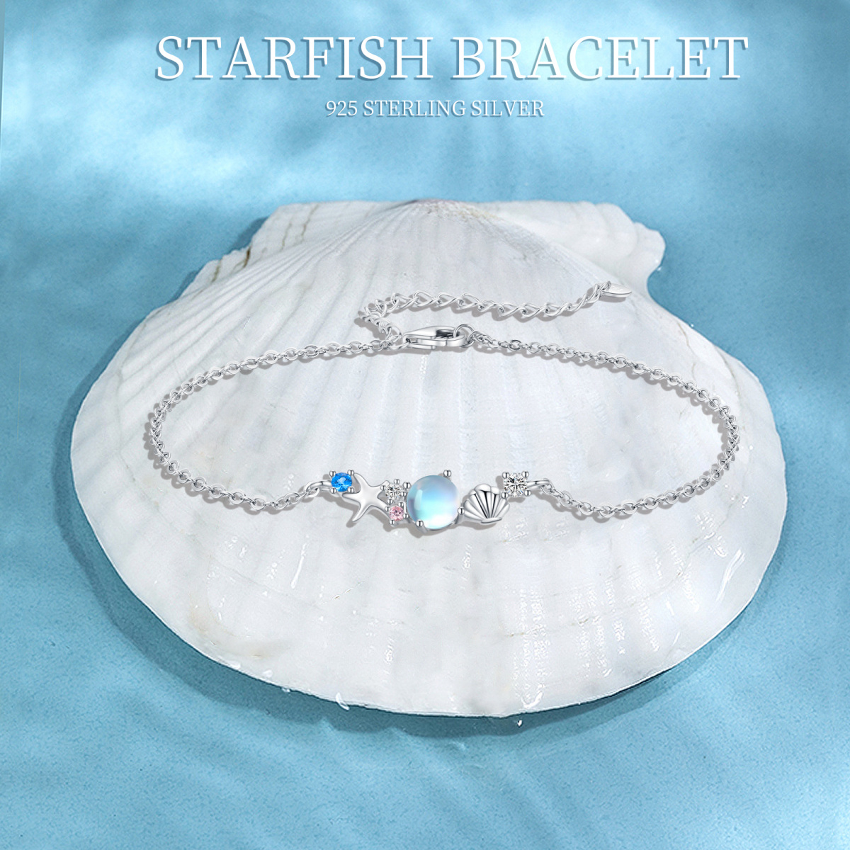 Sterling Silver Cubic Zirconia & Moonstone Starfish Pendant Bracelet-5