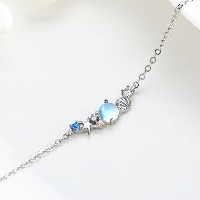 Sterling Silver Cubic Zirconia & Moonstone Starfish Charm Bracelet-6