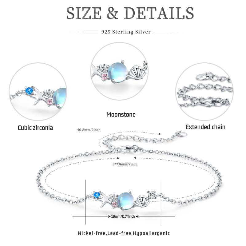 Sterling Silver Cubic Zirconia & Moonstone Starfish Charm Bracelet-7