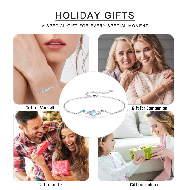 Sterling Silver Cubic Zirconia & Moonstone Starfish Charm Bracelet-8