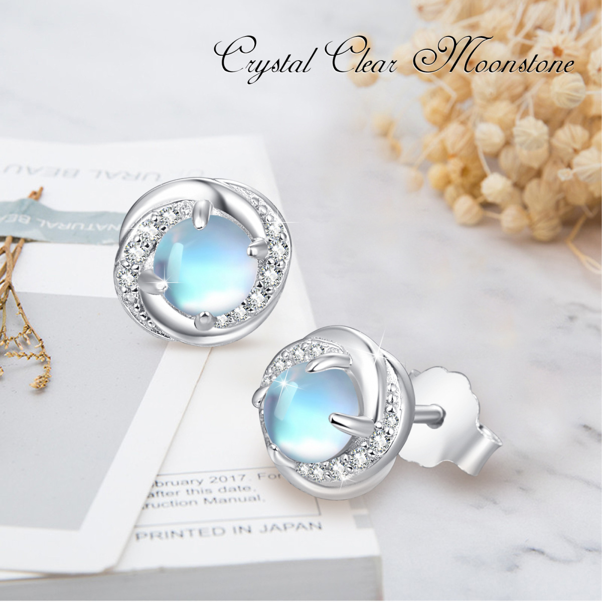 Sterling Silver Moonstone Stud Earrings-4