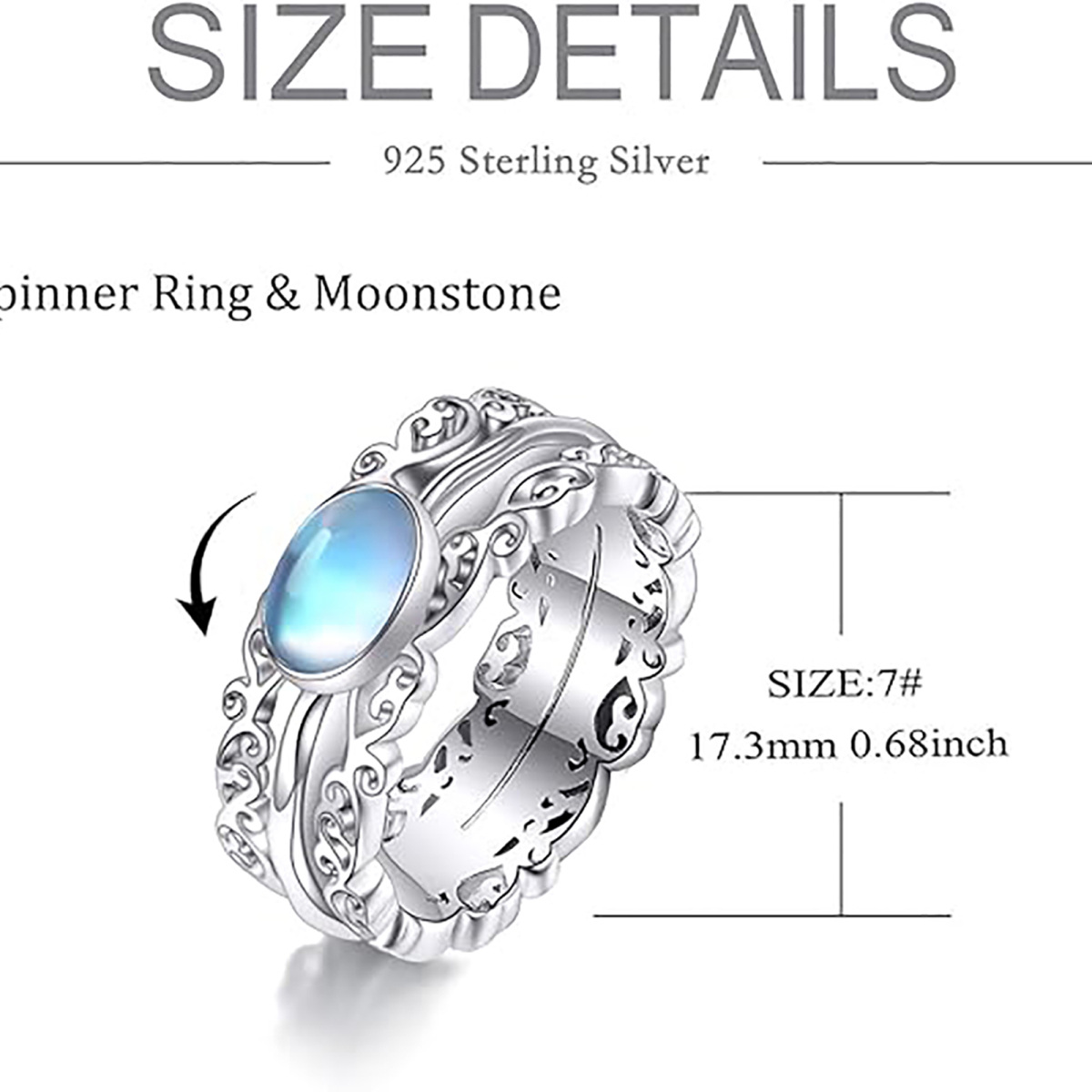 Bague en argent Sterling Moonstone Sunflower Spinner Ring-5