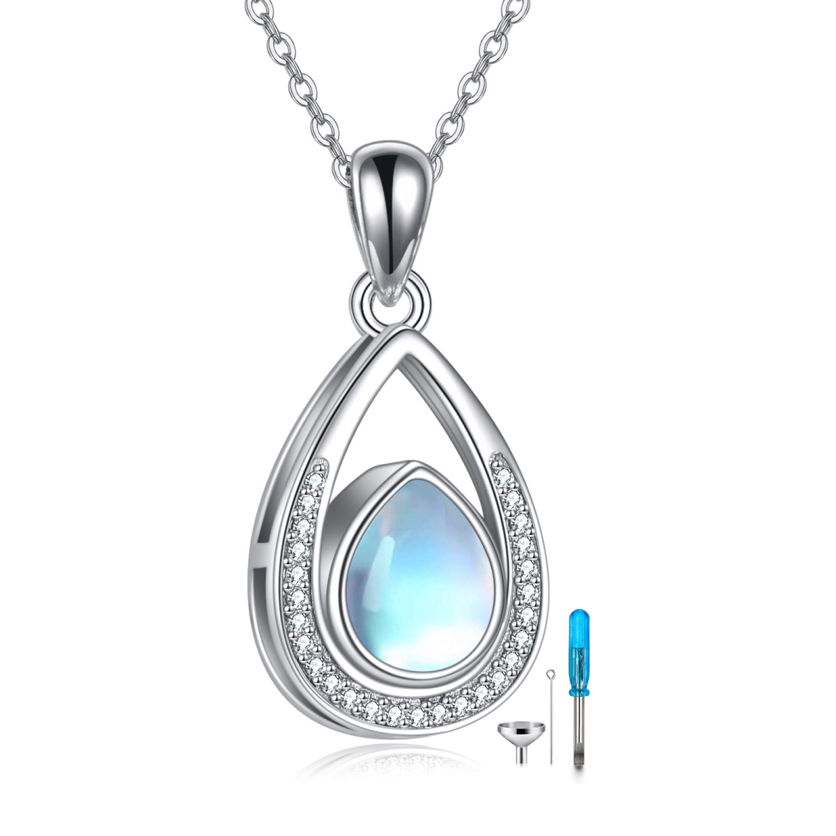 Plata de Ley Moonstone Lágrima Forma de Gota Urna Collar para Cenizas Circonita Cúbica-1