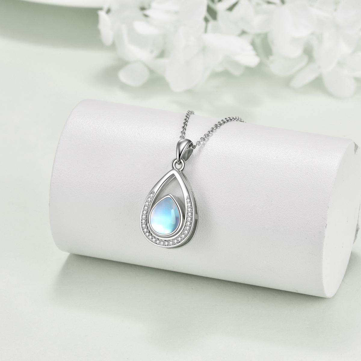 Plata de Ley Moonstone Lágrima Forma de Gota Urna Collar para Cenizas Circonita Cúbica-4