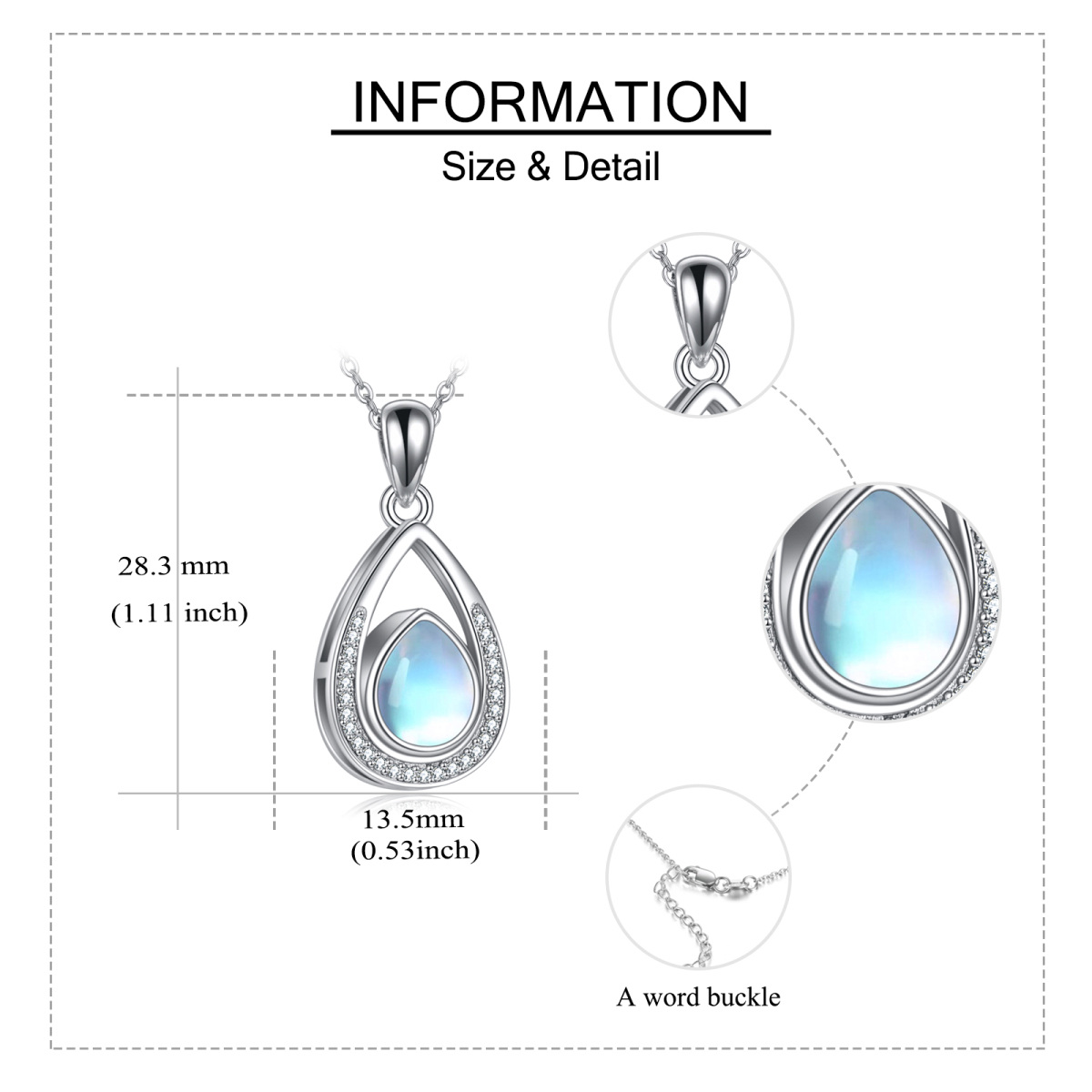 Plata de Ley Moonstone Lágrima Forma de Gota Urna Collar para Cenizas Circonita Cúbica-6