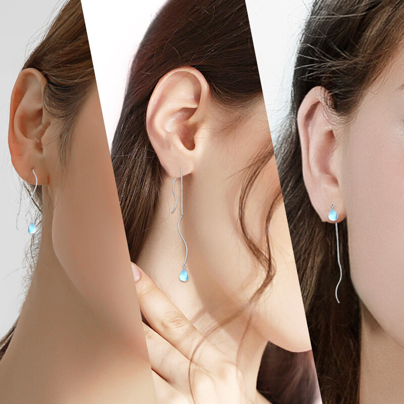 Sterling Silver Moonstone Drop Shape Drop Earrings-3