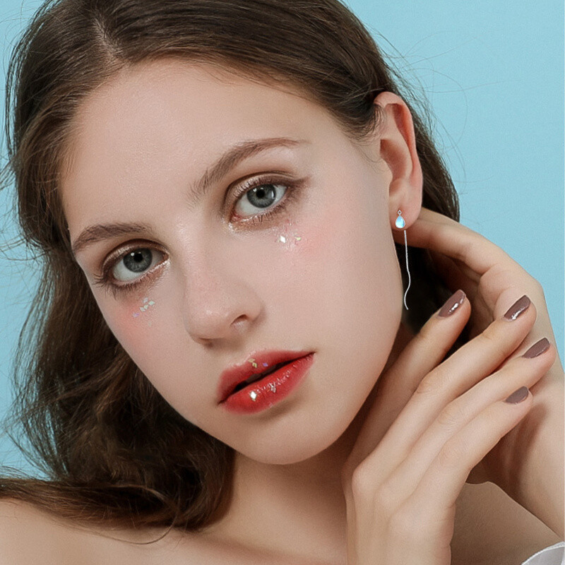 Sterling Silver Moonstone Drop Shape Drop Earrings-4