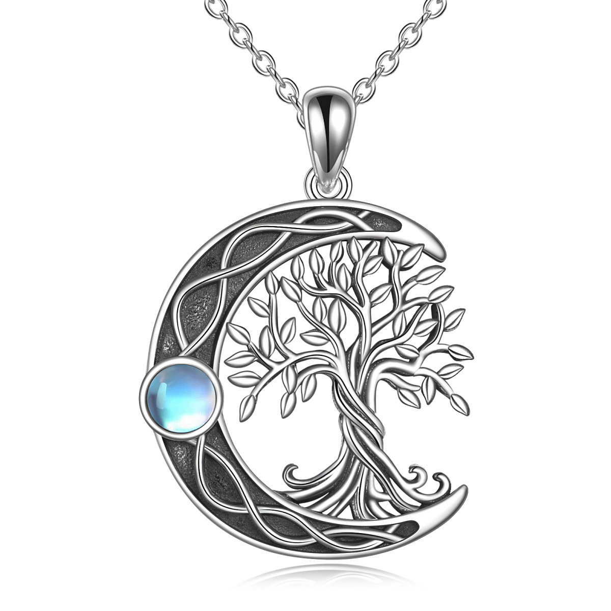 Sterling Silver Oxidized Tree Of Life Crescent Moon & Celtic Knot Necklace-1