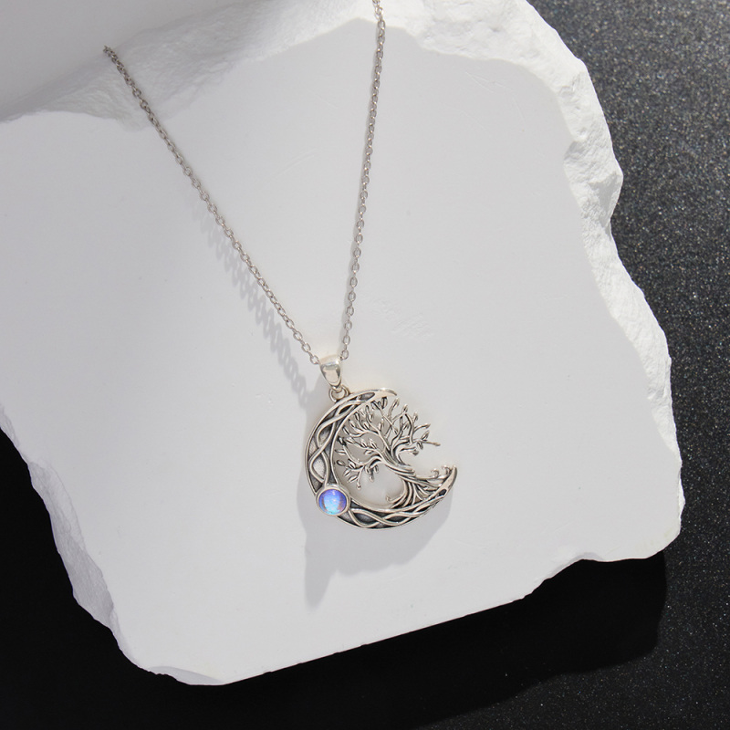 Sterling Silver Oxidized Tree Of Life Crescent Moon & Celtic Knot Necklace-4