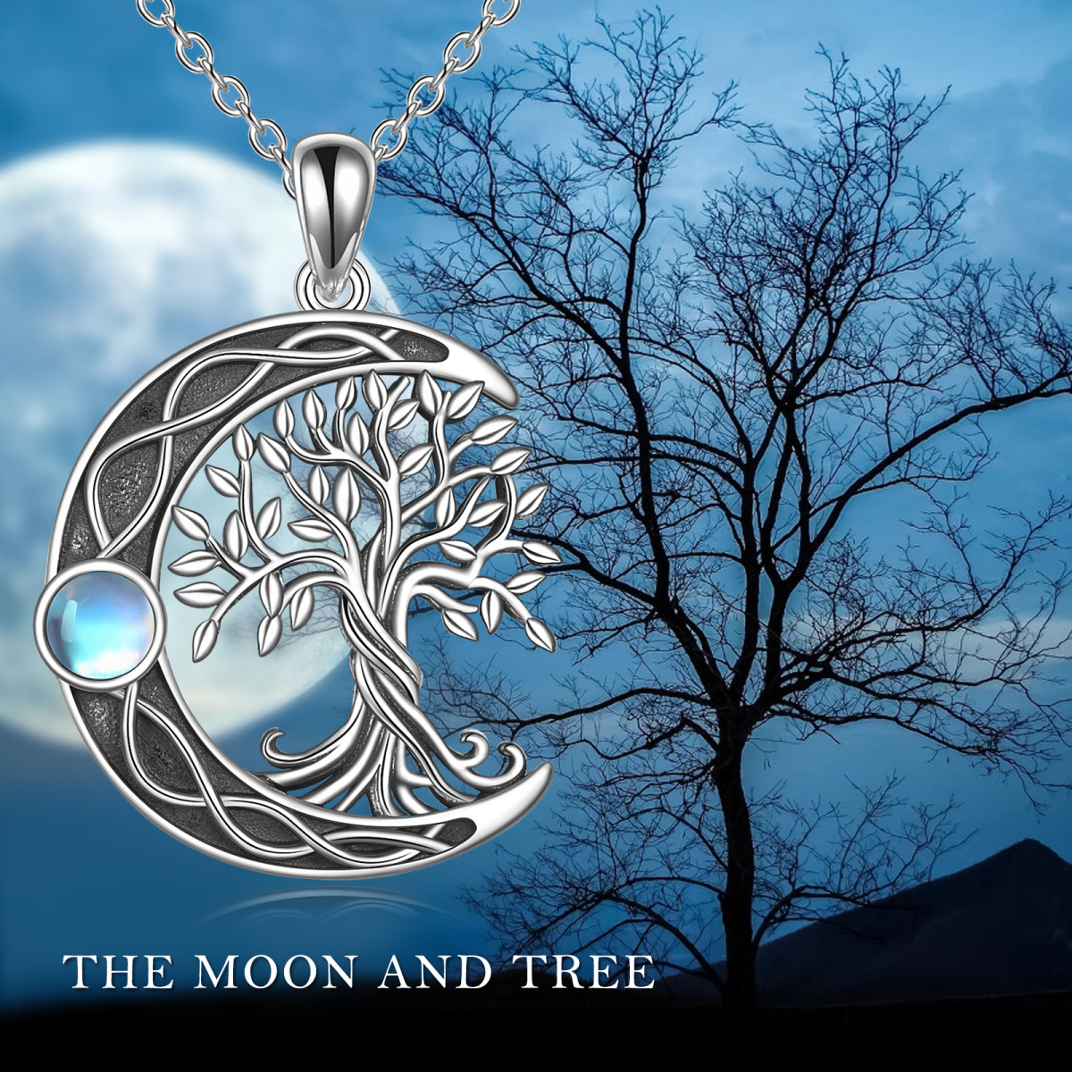 Sterling Silver Oxidized Tree Of Life Crescent Moon & Celtic Knot Necklace-7