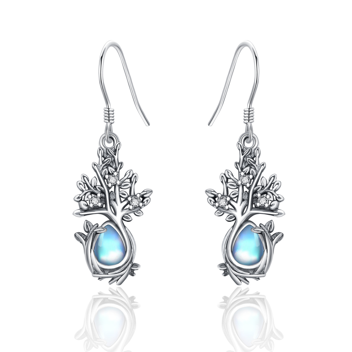 Boucles d'oreilles pendantes arbre de vie en pierre de lune en argent sterling-1