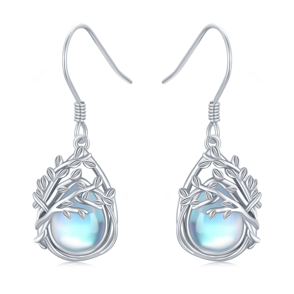 Sterling Silver Moonstone Tree Of Life Drop Earrings-1