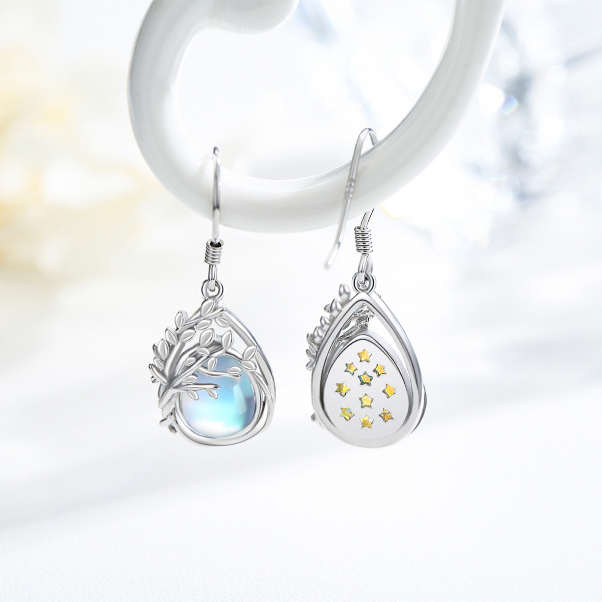 Sterling Silver Moonstone Tree Of Life Drop Earrings-4