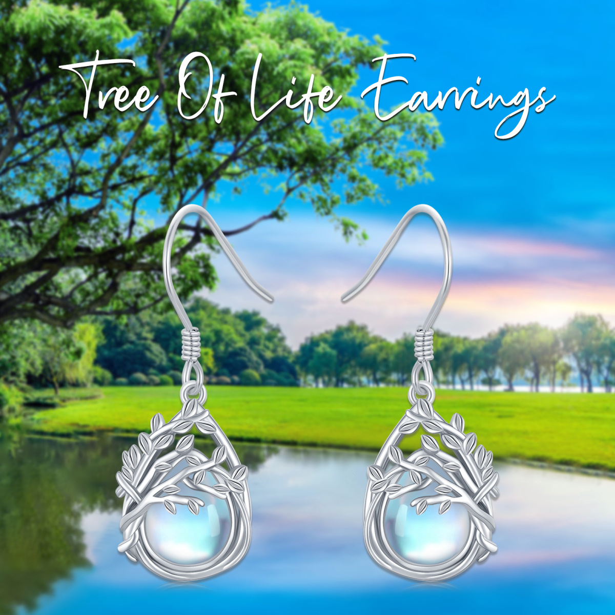 Sterling Silver Moonstone Tree Of Life Drop Earrings-5