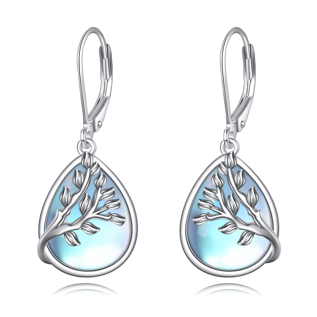 Sterling Silver Moonstone Tree Of Life & Drop Shape Lever-back Earrings-1