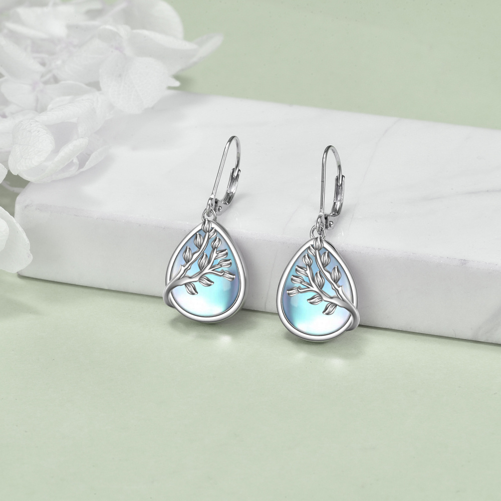 Sterling Silver Moonstone Tree Of Life & Drop Shape Lever-back Earrings-2