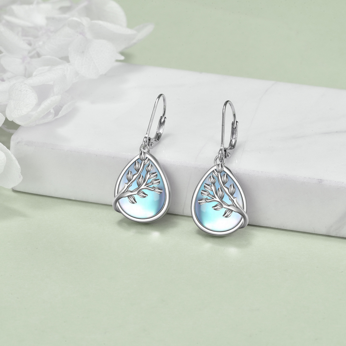 Sterling Silver Moonstone Tree Of Life & Drop Shape Lever-back Earrings-2