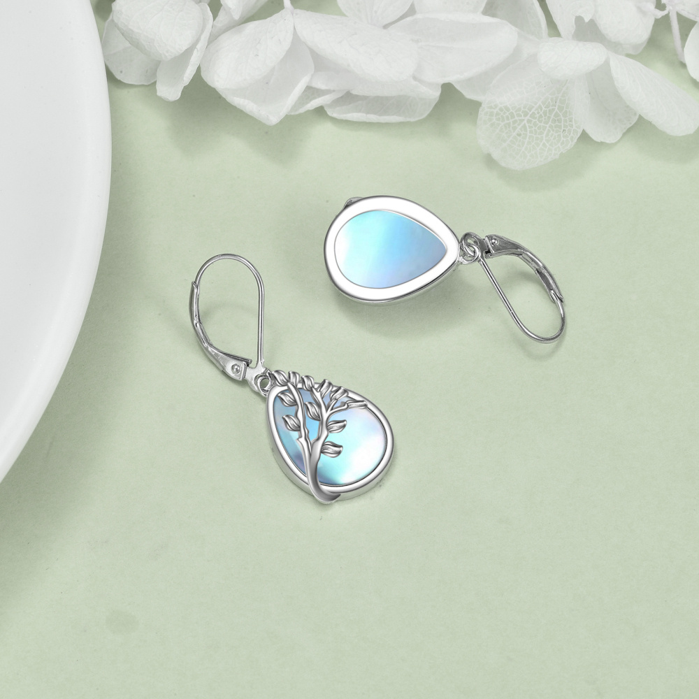 Sterling Silver Moonstone Tree Of Life & Drop Shape Lever-back Earrings-3