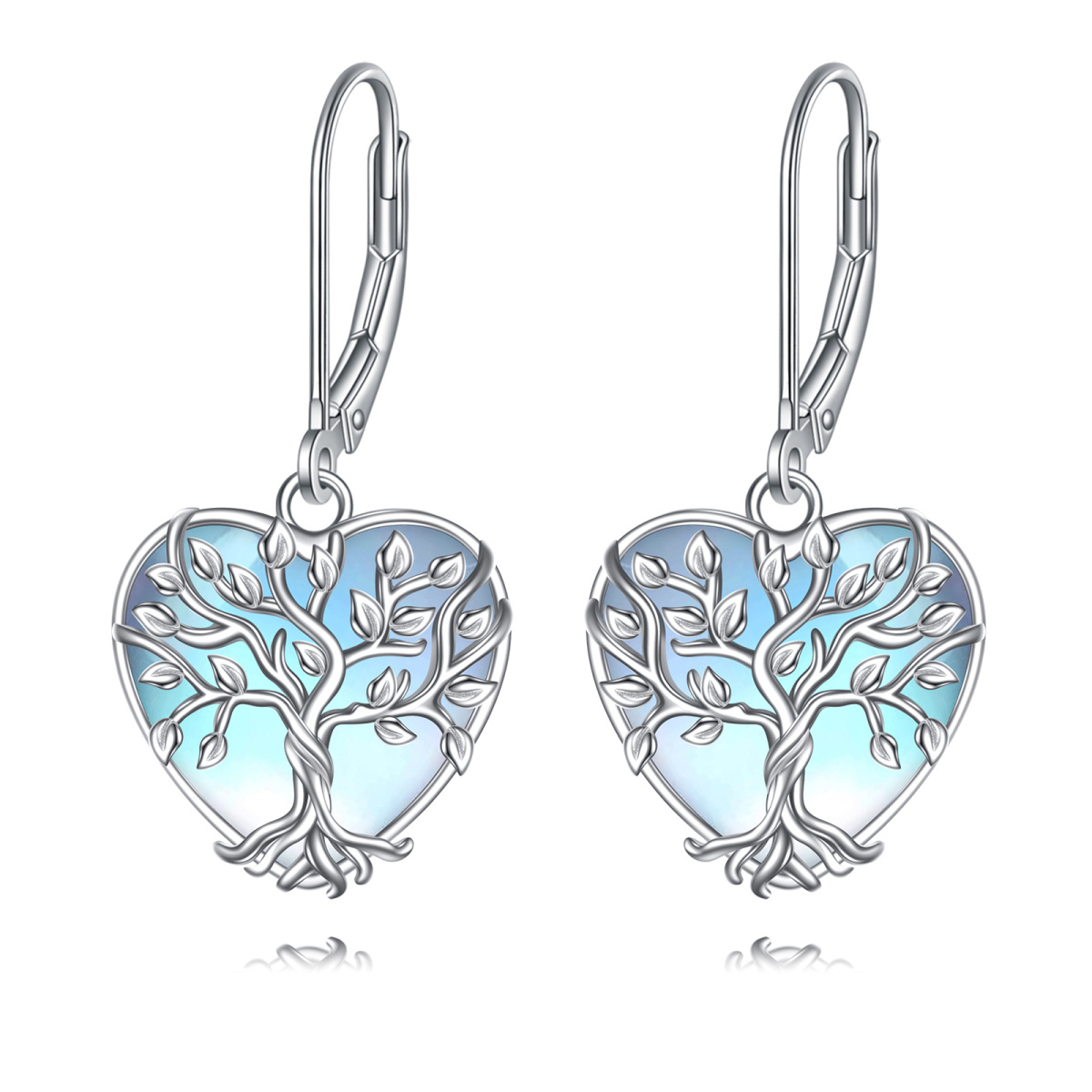 Boucles d'oreilles à levier en argent sterling avec pierre de lune et cœur arbre de vie-1