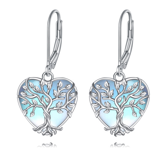 Boucles d'oreilles à levier en argent sterling avec pierre de lune et cœur arbre de vie