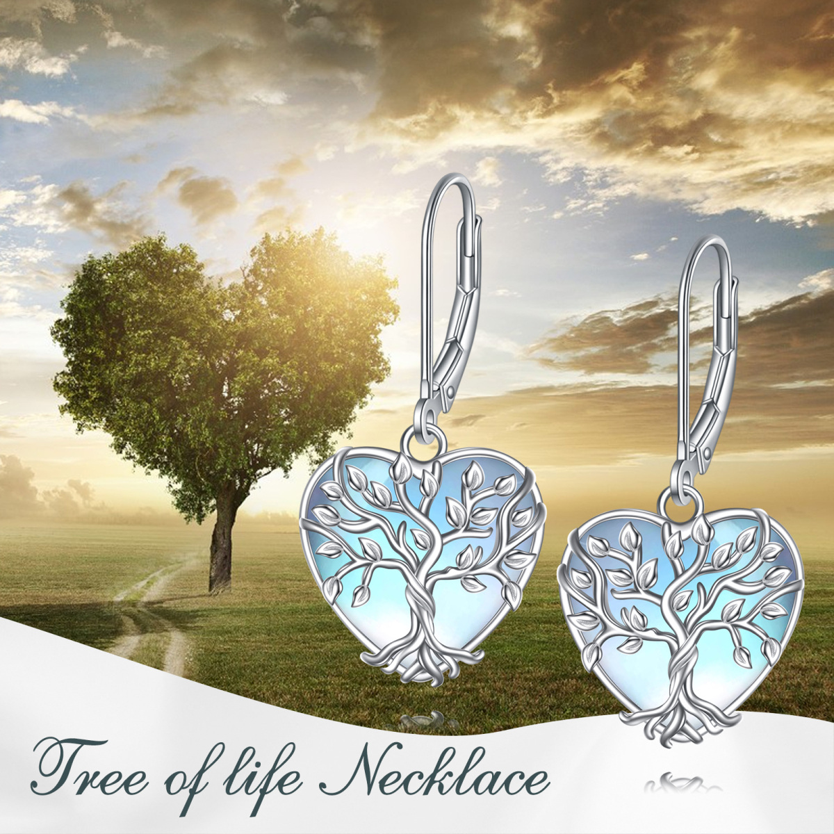 Sterling Silver Moonstone Tree Of Life & Heart Lever-back Earrings-6