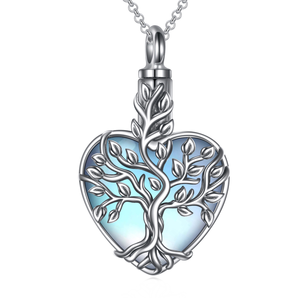 Plata de ley Moonstone Árbol de la Vida y Corazón Urna Collar para cenizas-1