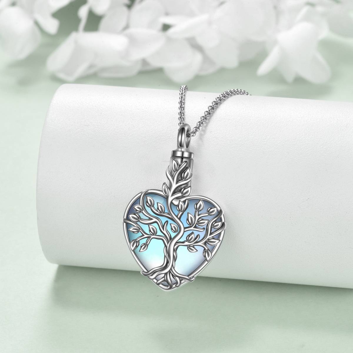 Plata de ley Moonstone Árbol de la Vida y Corazón Urna Collar para cenizas-4