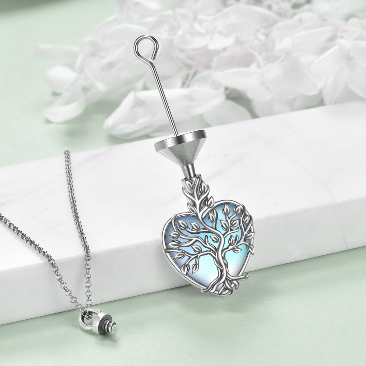 Plata de ley Moonstone Árbol de la Vida y Corazón Urna Collar para cenizas-5