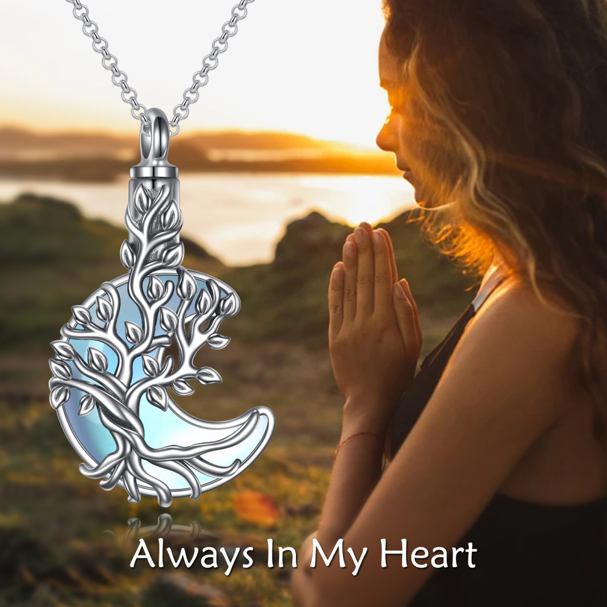 Sterling Silver Moonstone Tree Of Life & Moon Urn Necklace for Ashes-3