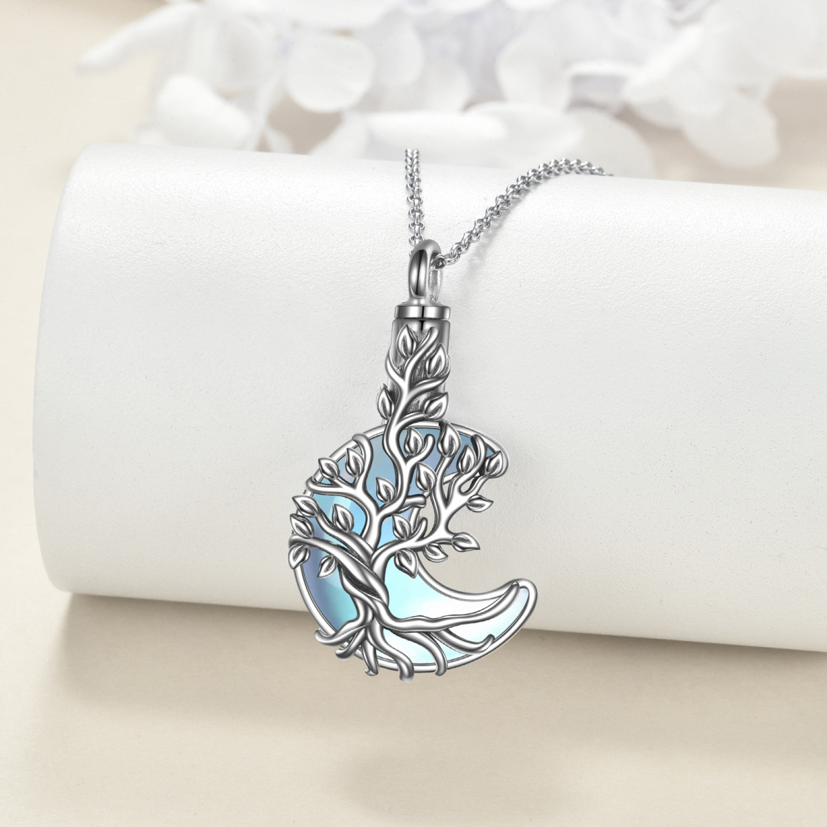 Sterling Silver Moonstone Tree Of Life & Moon Urn Necklace for Ashes-4