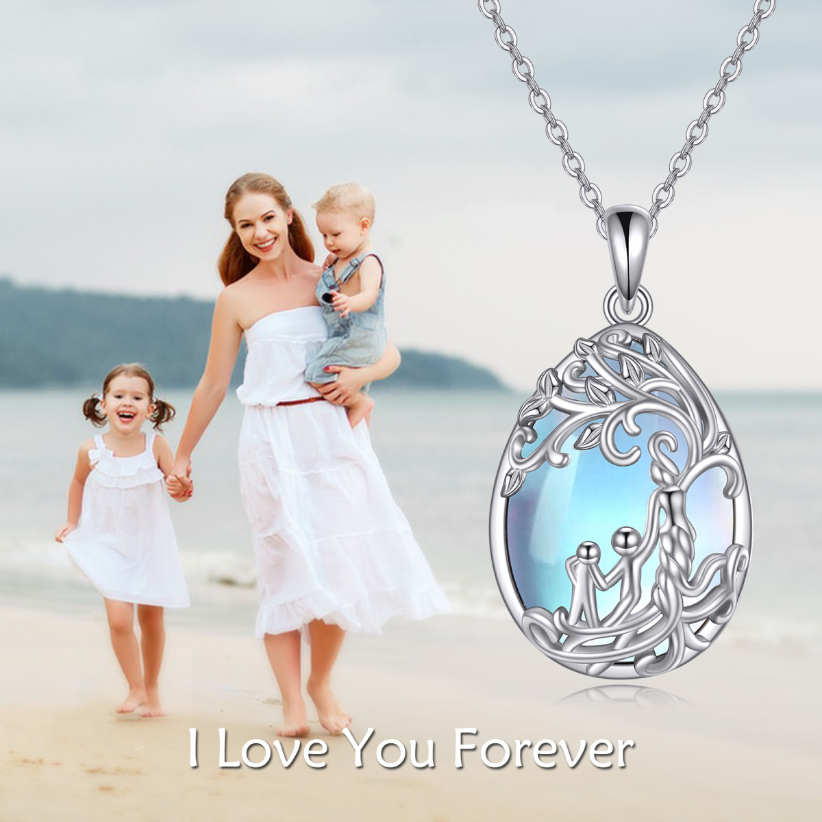 Sterling Silver Moonstone Tree Of Life & Mother Pendant Necklace-3