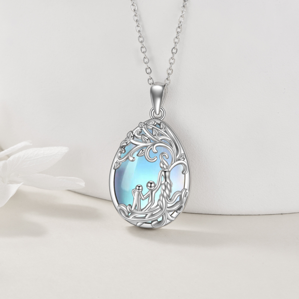 Sterling Silver Moonstone Tree Of Life & Mother Pendant Necklace-4