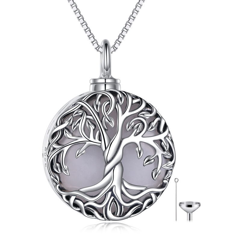 Collana per urna in argento 925 con pietra di luna e albero della vita per le ceneri