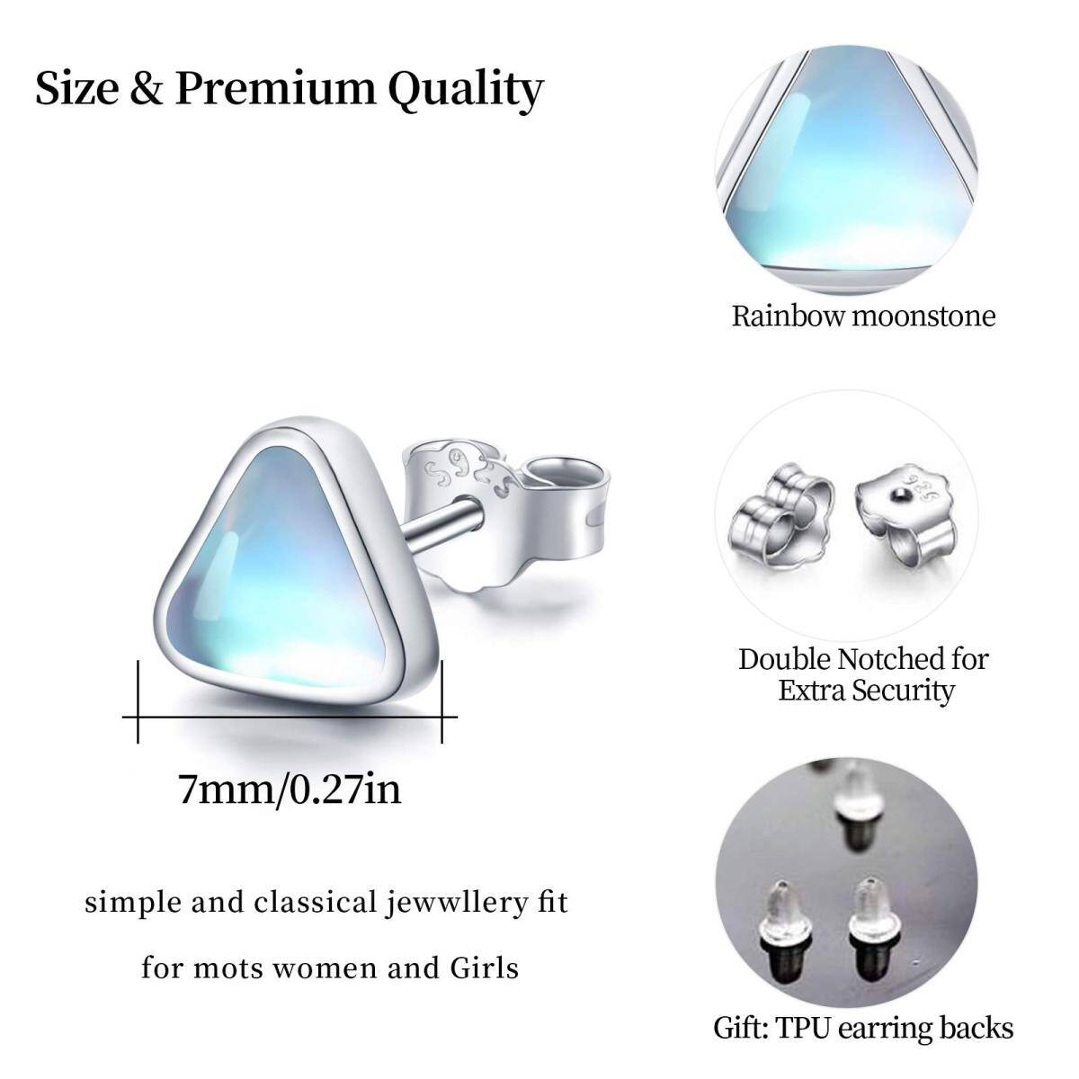 Sterling Silver Moonstone Triangle Stud Earrings-4