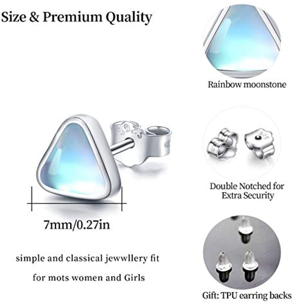 Sterling Silver Moonstone Triangle Stud Earrings for Women Kids-5