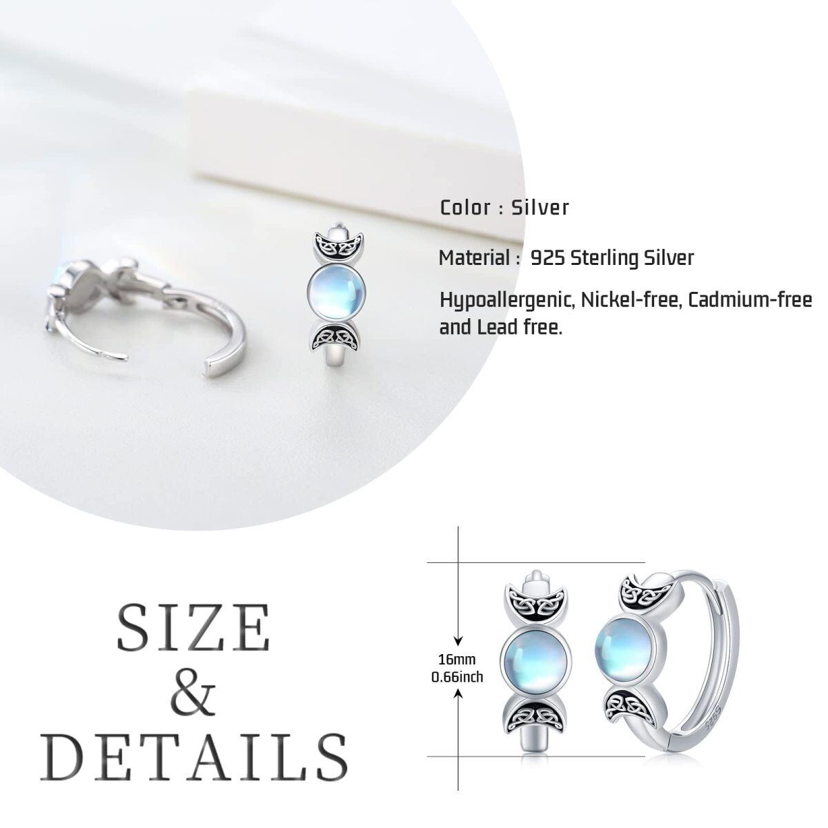 Boucles d'oreilles créoles en argent sterling avec pierre de lune et déesse de la lune triple pour femmes-5