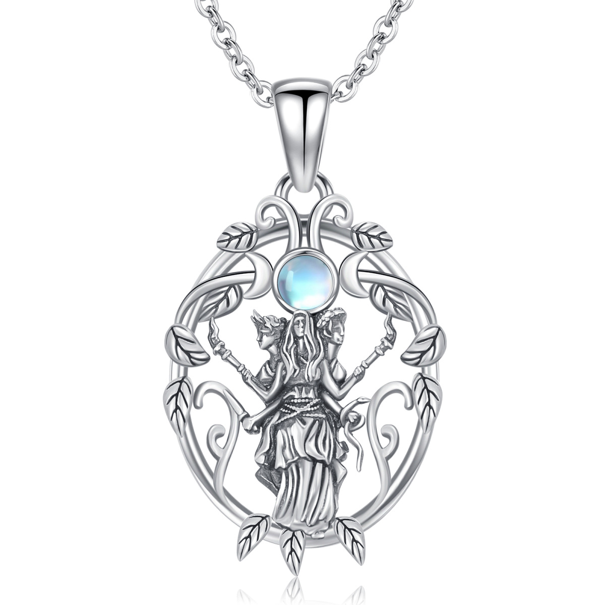 Sterling Silver Moonstone Triple Moon Goddess Pendant Necklace-1