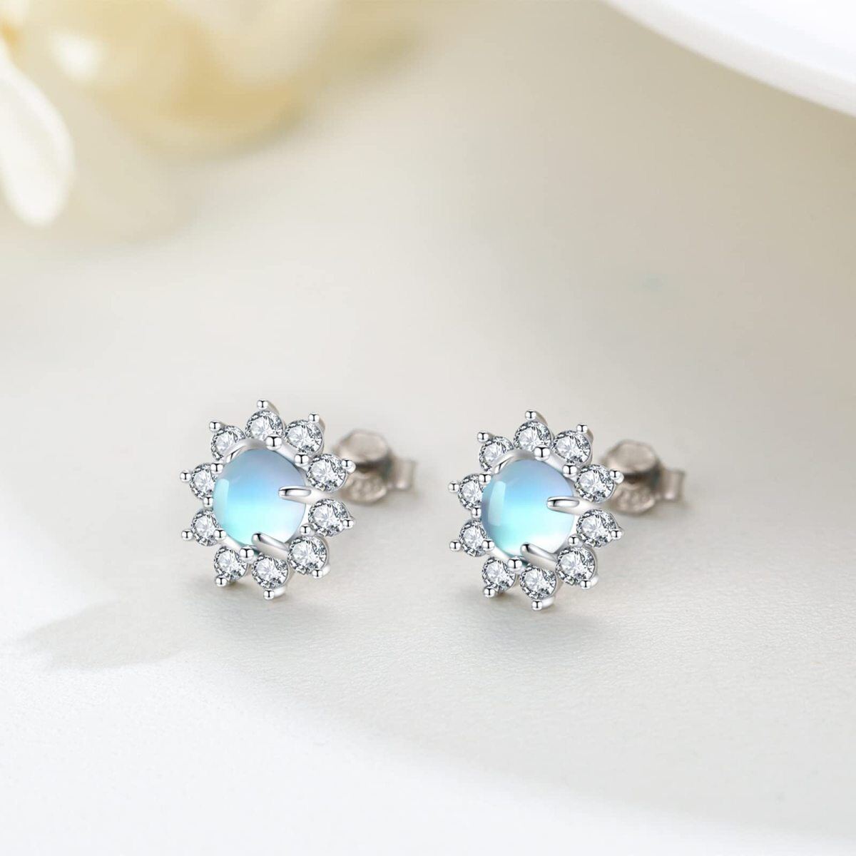 Sterling Silver Moonstone and Cubic Zirconia Wildflowers Boho Bohemian Stud Earrings-5