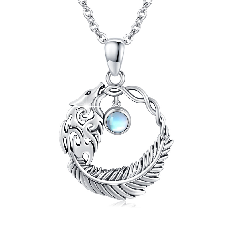 Sterling Silver Moonstone Wolf Pendant Necklace-12