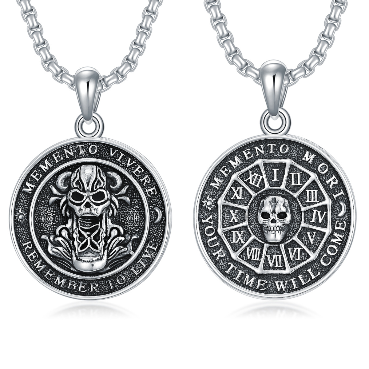 Collier en argent sterling avec pendentif Mori & Skull et mot gravé pour hommes-1