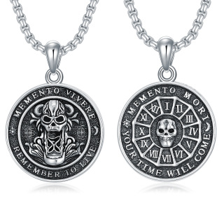 Sterling Silver Mori & Skull Pendant Necklace with Engraved Word for Men-3