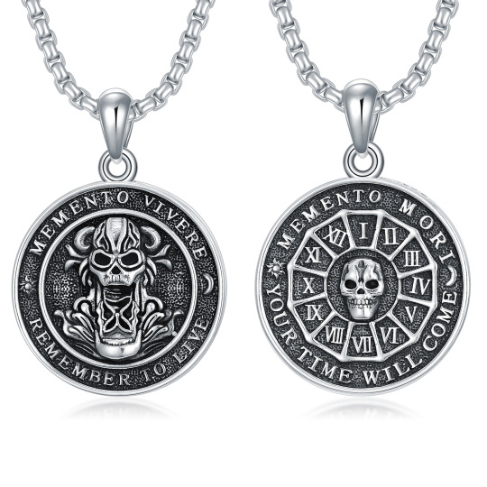 Sterling Silver Mori & Skull Pendant Necklace with Engraved Word for Men