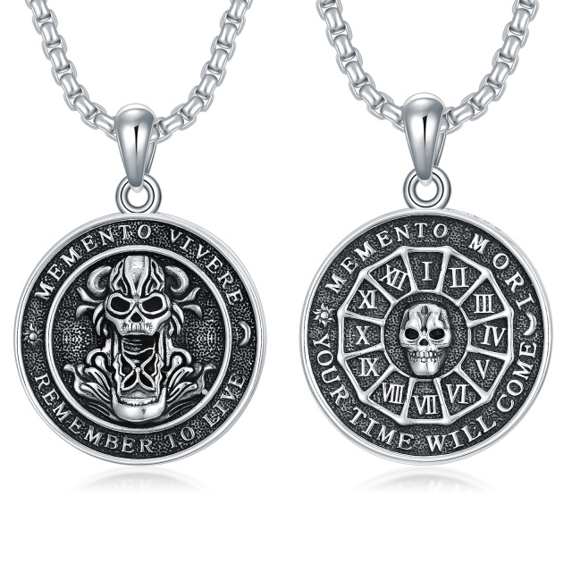 Sterling Silver Mori & Skull Pendant Necklace with Engraved Word for Men-4