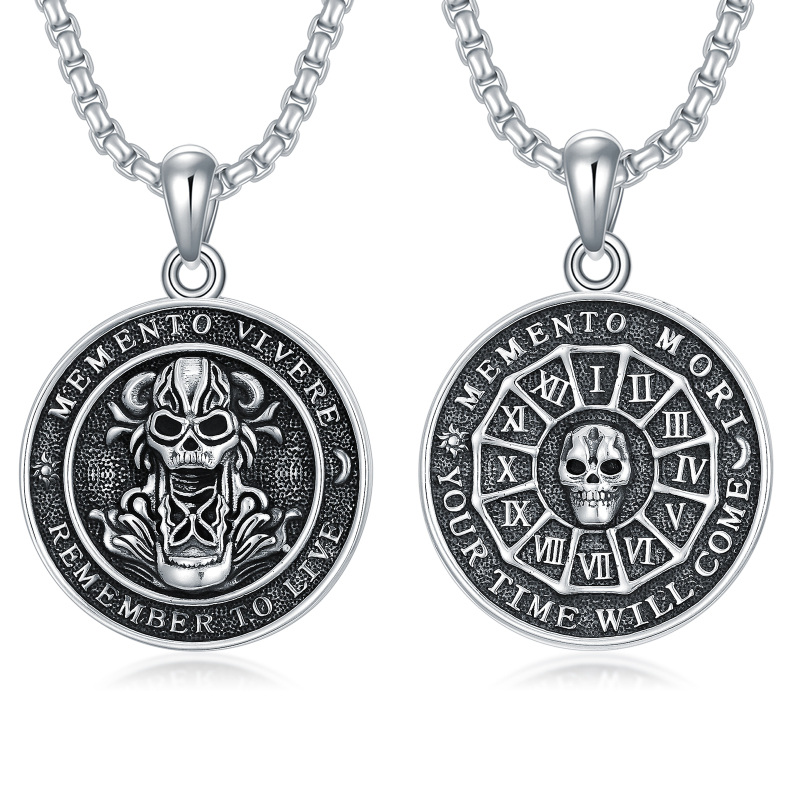 Collar de plata de ley con colgante de mori y calavera con palabra grabada para hombre-17