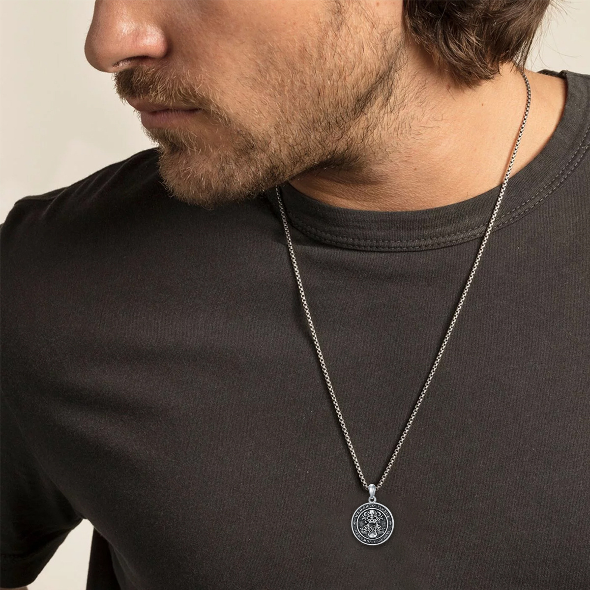 Sterling Silver Mori & Skull Pendant Necklace with Engraved Word for Men-2