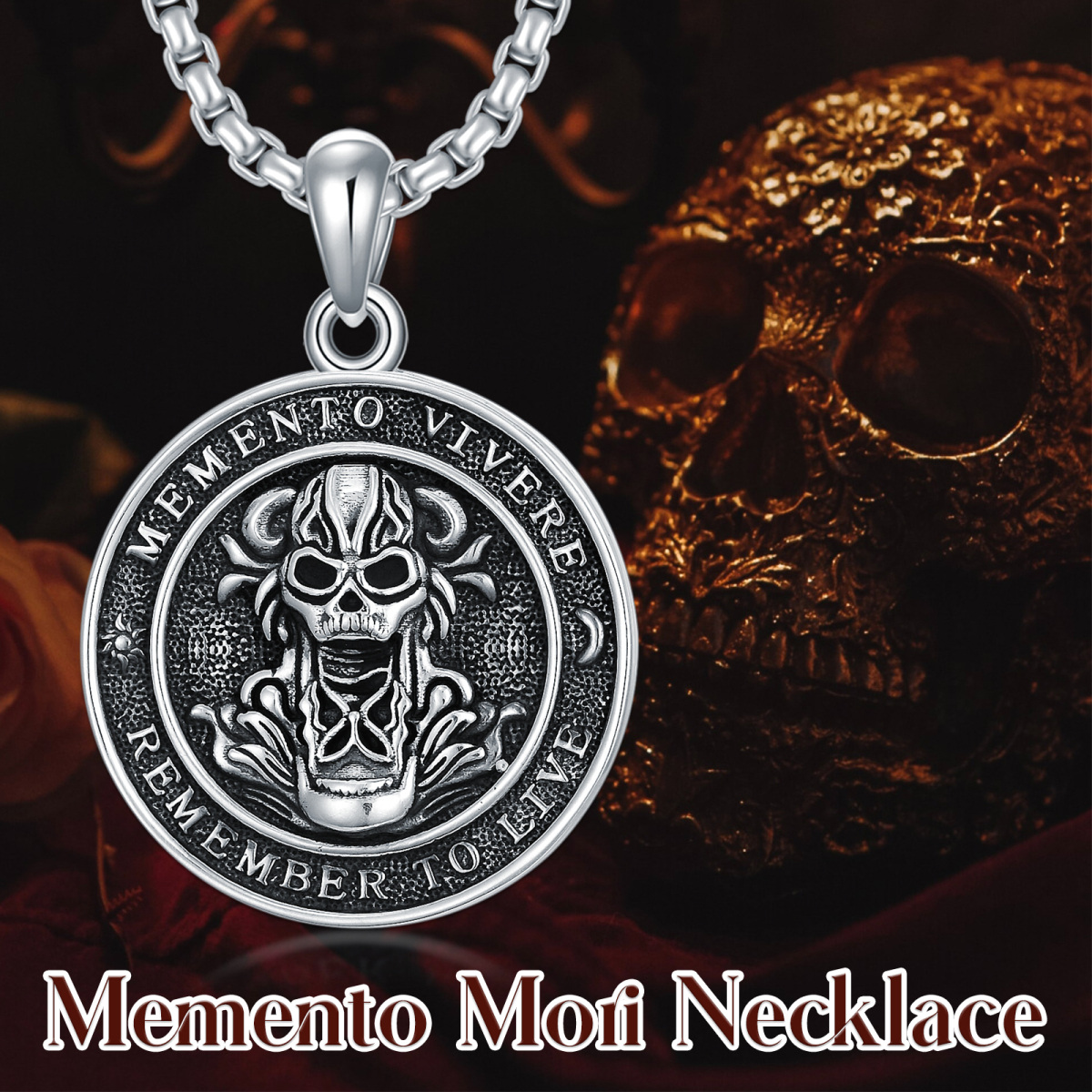 Collar de plata de ley con colgante de mori y calavera con palabra grabada para hombre-5