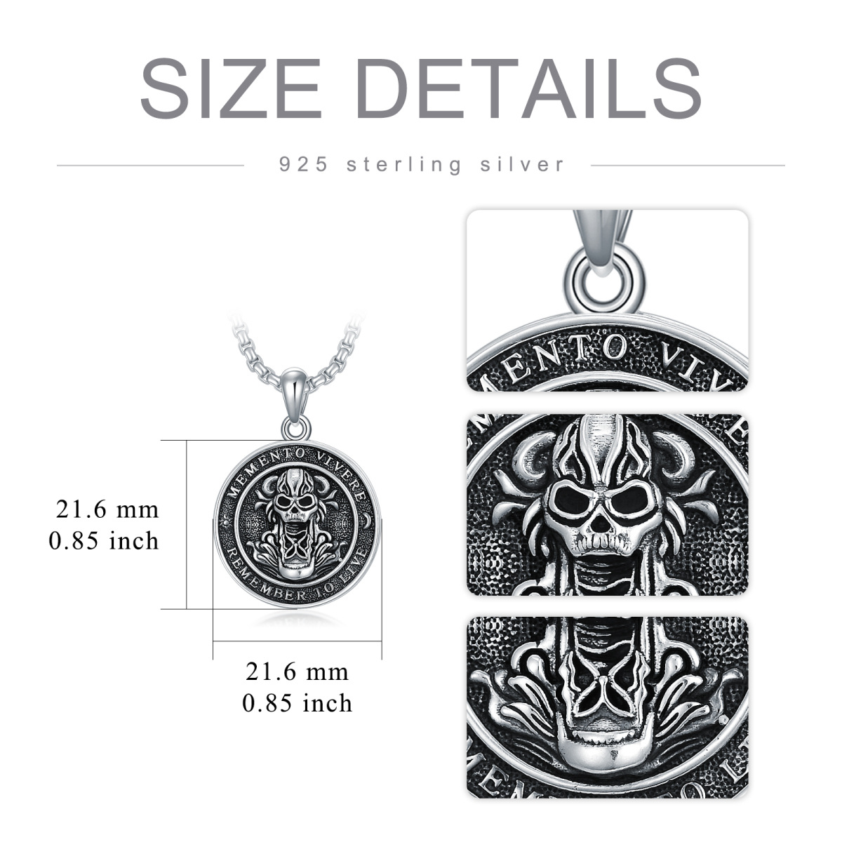 Sterling Silver Mori & Skull Pendant Necklace with Engraved Word for Men-6